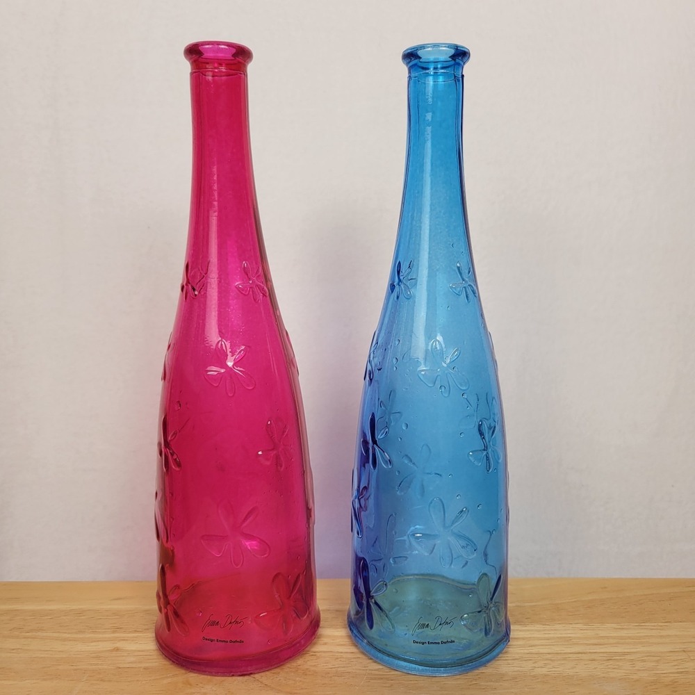 VTG 90s IKEA Emma Dafnas Marilyn Glass Bottle Vases Set of 2 Pink Blue Retired